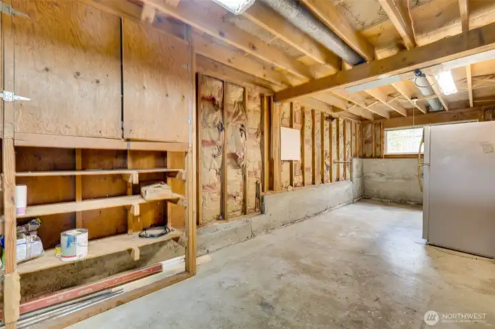 Unfinished storage area in basement looking out towards front of home.