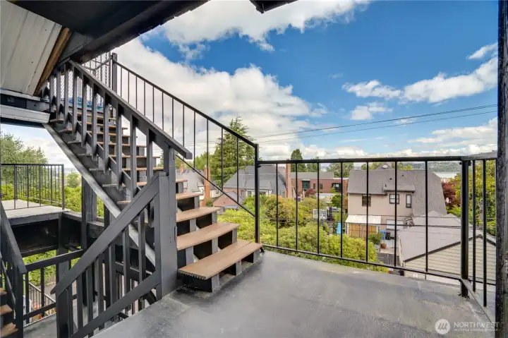 Exterior back stairs connect you to the garage and dedicated storage areas below. Exterior back stairs connect you to the garage and dedicated storage areas below.