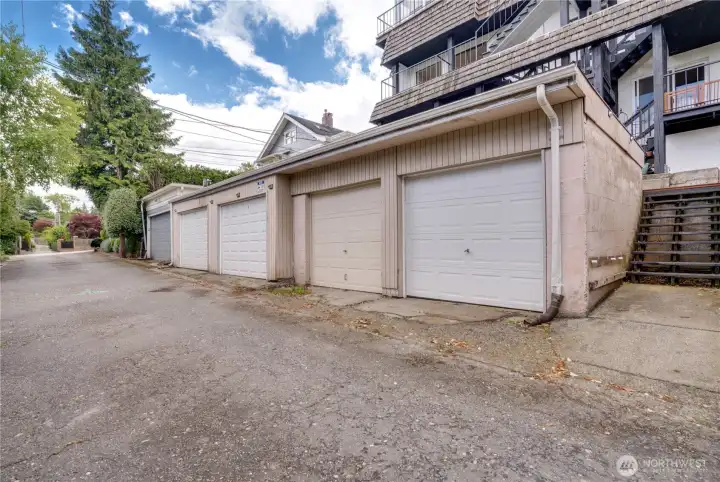 Dedicated garage parking accessed from the alley behind the building. Dedicated garage parking accessed from the alley behind the building.