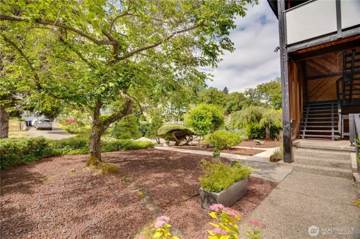 A variety of trees, shrubs, and curated garden spaces add year-round beauty. A variety of trees, shrubs, and curated garden spaces add year-round beauty.