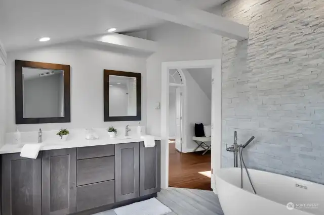 The recently upgraded, gorgeous primary bath--a designer's dream.