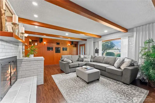 living room with exposed beams