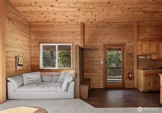Entry, kitchen, and living room