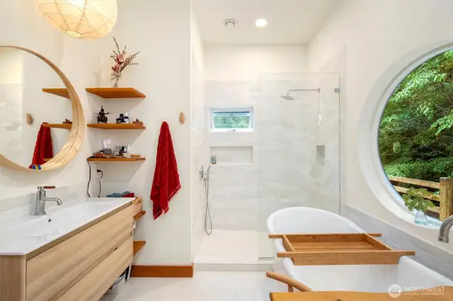 Totally remodeled bathroom.  Again, the window scape is amazingly special.