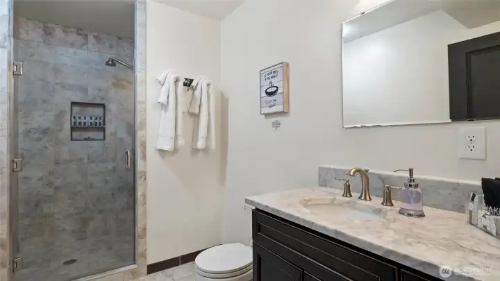 Lower level bath with walk-in shower.