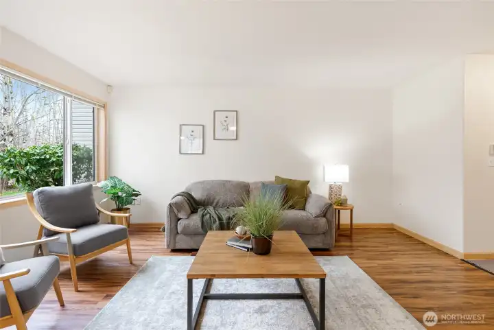 Light filled living room from large windows.