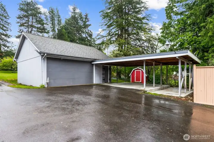 carport, detached garage and garden shed
