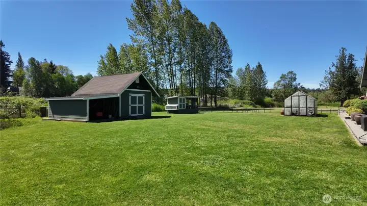 Side yard showing 12x20 shed with power and lien-to and separate chicken coop.