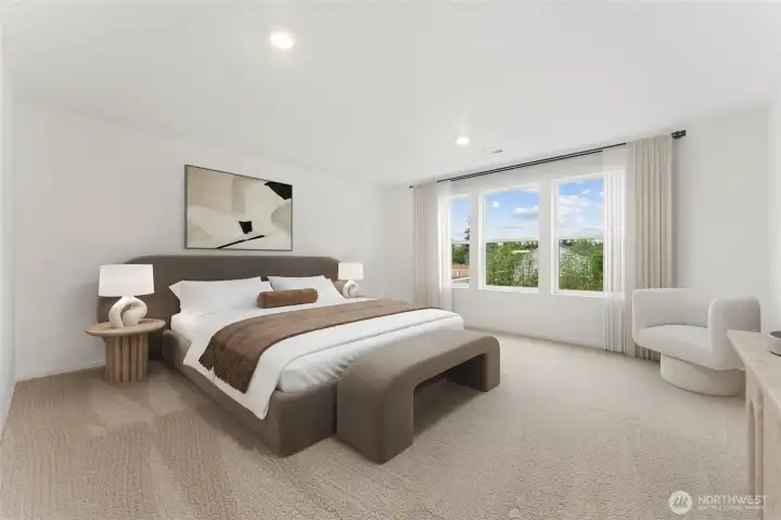 Open primary bedroom with a lot of windows. Virtually Staged. For representational purposes ONLY. Elevation, Location, and Colors WILL vary. Open primary bedroom with a lot of windows. Virtually Staged. For representational purposes ONLY. Elevation, Location, and Colors WILL vary.