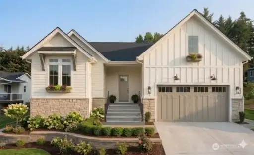 Completed home example rendering; White Dove ext paint & light stone Completed home example rendering; White Dove ext paint & light stone