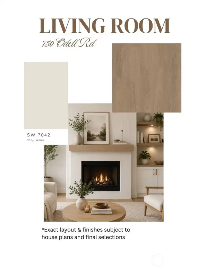 Mood board example for living room; Scandinavian style fireplace surround & warm LVP flooring Mood board example for living room; Scandinavian style fireplace surround & warm LVP flooring