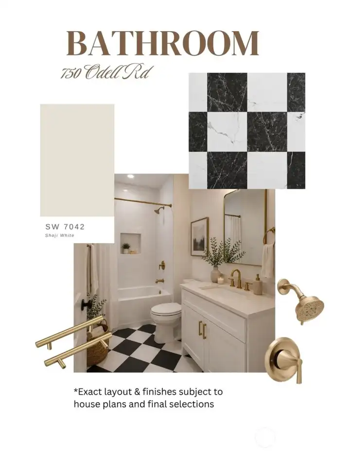 Mood board example for bathrooms; beautiful checkered tile planned w/classic brushed gold fixtures Mood board example for bathrooms; beautiful checkered tile planned w/classic brushed gold fixtures
