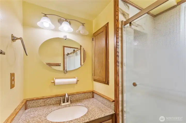 Full Bath on lower level with shower/tub combo, granite countertops and medicine cabinet for extra storage