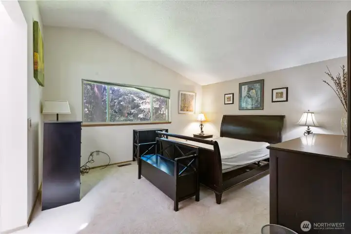 Primary bedroom upstairs has raised ceilings, large picture window facing backyard and leads into large closet and en-suite