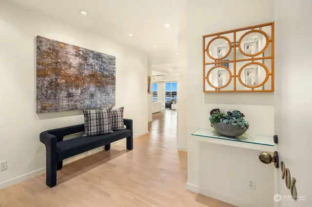 Entryway with hardwood floors, wall space for art and unbelievable views.