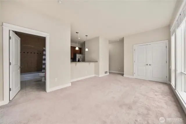 Living room view looking toward laundry, with entry around kitchen and to the right.