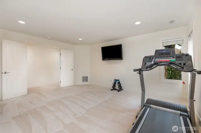 Upstairs bonus room with double doors and lots of windows.
