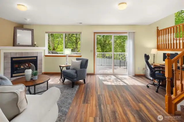 Family room with gas fireplace.