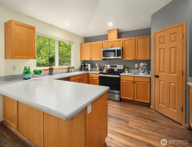 Open kitchen with Corian countertops, stainless steel appliances and pantry.