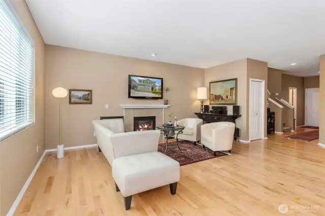 Looking into living room, gas fireplace.  TV stays with home.