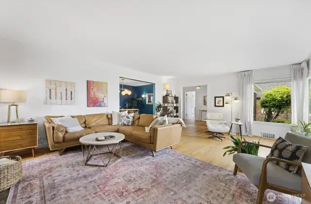 Known for good 'flow' and clean lines, this oversized Mid Century living room has lots of space for everyday living and entertaining.