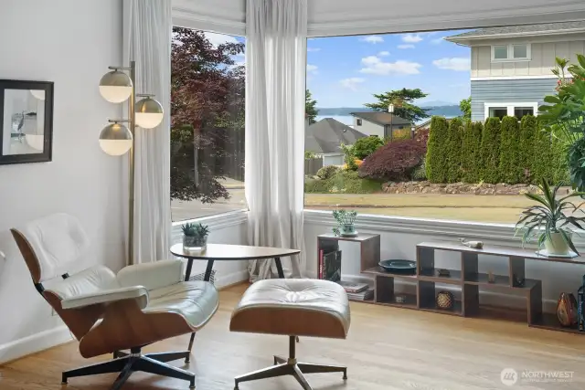 Corner window love provides peek-a-boo views of the Puget Sound off the Magnolia Bluff.