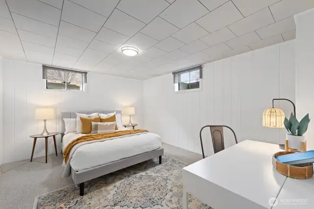 Second non conforming bedroom on lower level with painted wide wood panels.