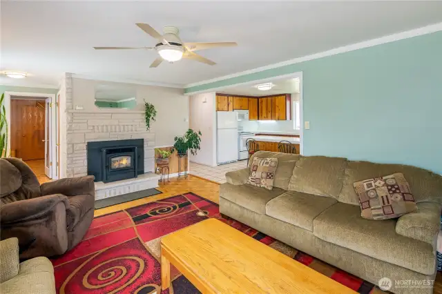 Living room with pellet stove for those cool evenings.