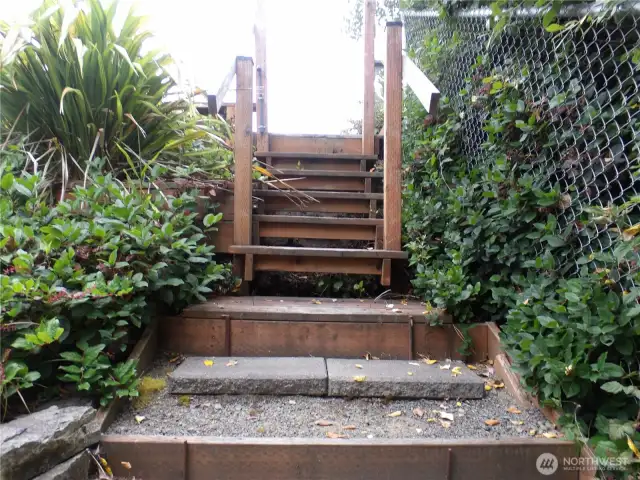 Stairs going back up to elevated portion of the lot from the firepit area.