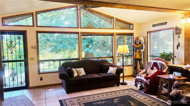 Picture windows and wood accents