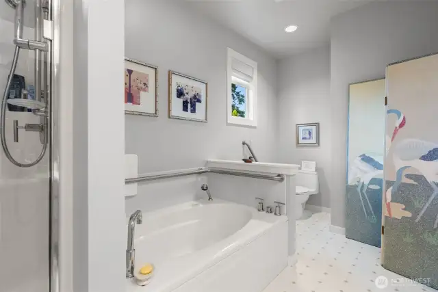 Shower and deep tub with tucked away toilet