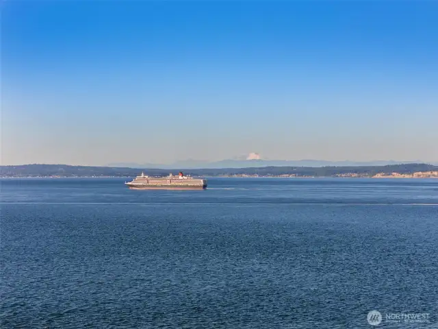 The shipping lanes always bring something interesting to look at.  Mt. Baker with the Cascades is impressive in background too-  all heavily snowcapped in winter
