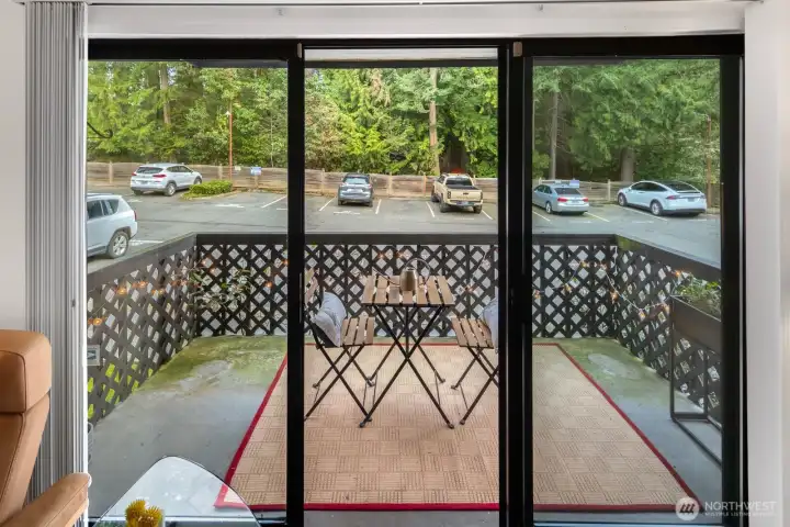 Deck over looks private parking area and park