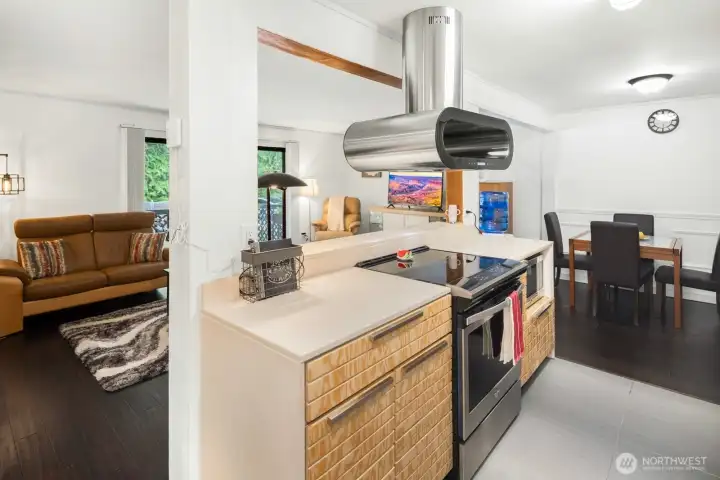 Kitchen is open to dining room and living room