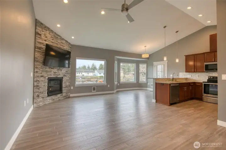 Great room concept with vaulted ceilings