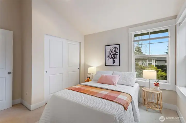 Refreshed with new paint, cleaned carpets and windows, this room shines with lots of daylight from the large corner windows.