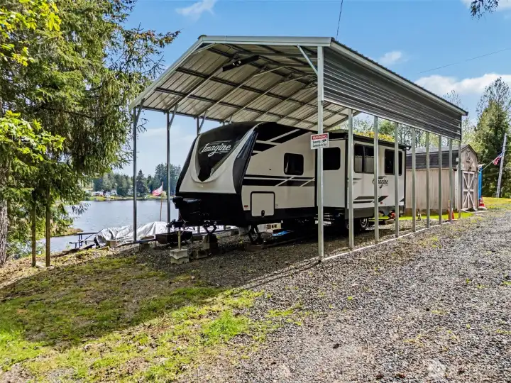 Covered RV setup with carport—ideal for year-round protection