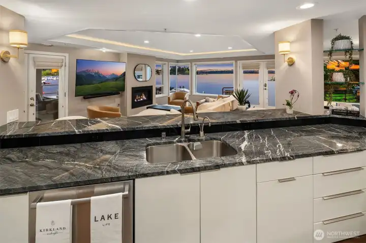 dramatic marble counters and a view that goes on forever are showstoppers.