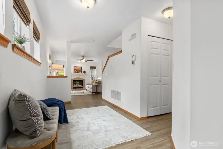 A generous foyer opens up to the great room.