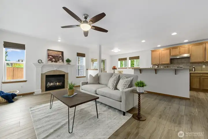 The main floor great room includes living room, dining room, and kitchen.
