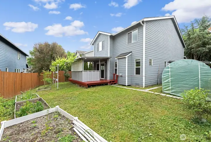 Back yard features covered deck, garden with fruit trees, shed, and greenhouse.
