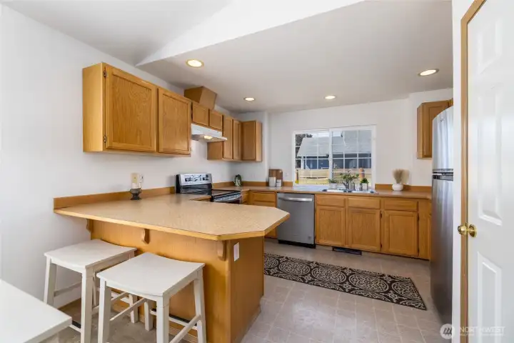 Kitchen with pantry at right.