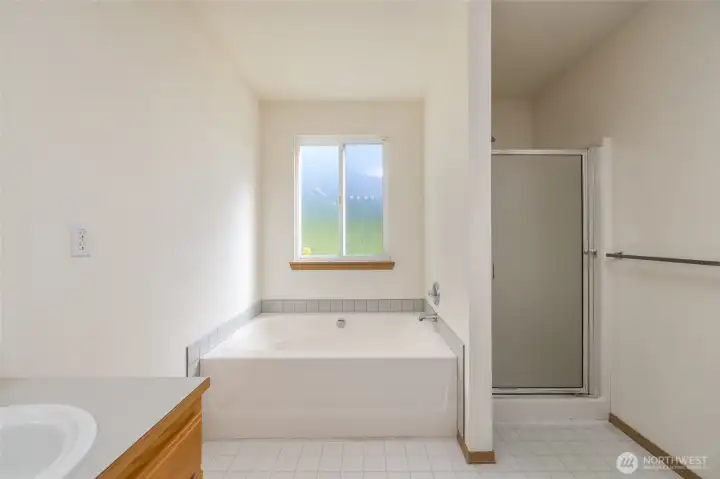 Primary en suite has a large soaking tub, plus separate shower.