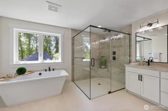 Fantastic primary bath with rain shower and regular shower head.
