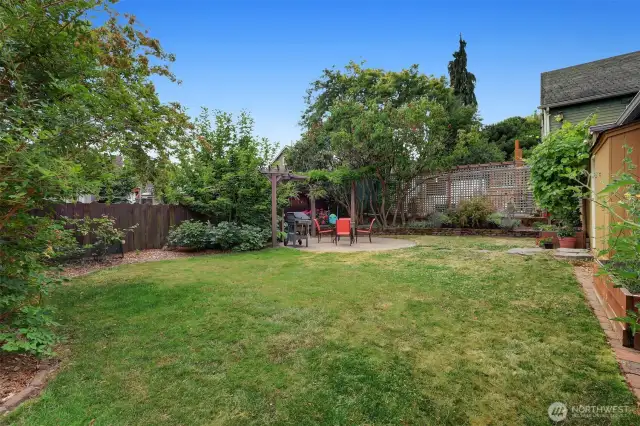 Large back yard with patio. Looking west. House on right.