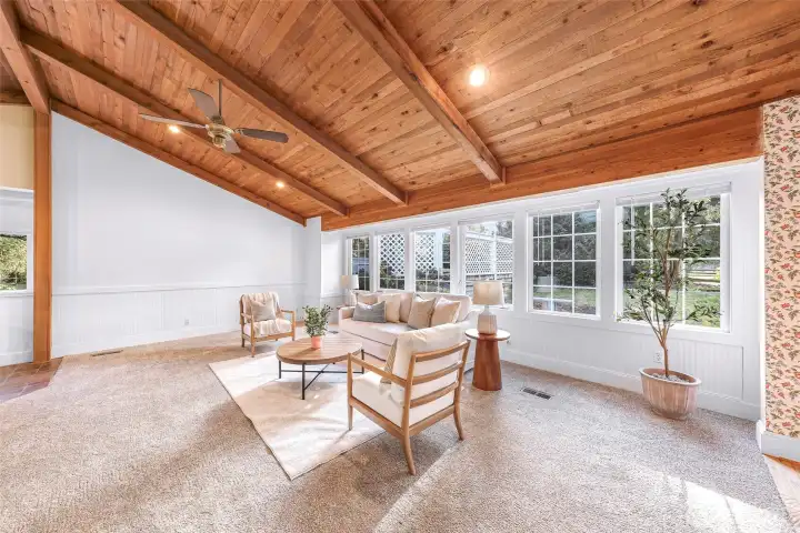 Living Room with custom tongue and groove ceilings