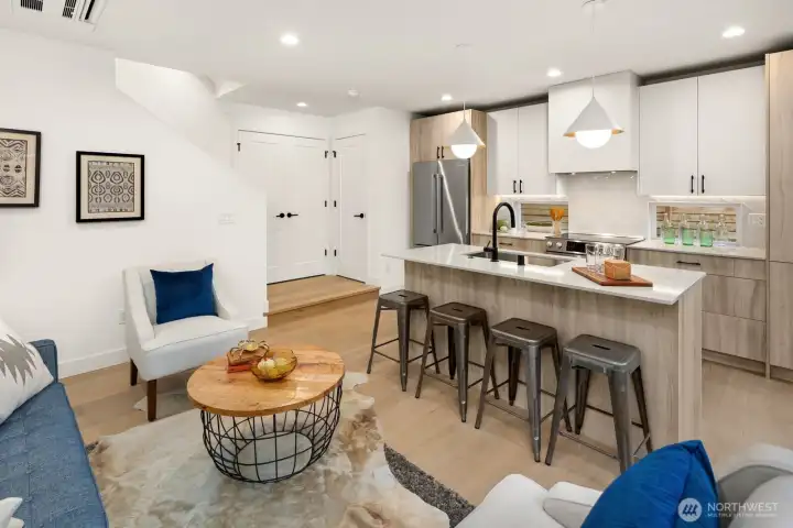 The main living and kitchen are "sunken" from the entrance creating a unique flloor plan.