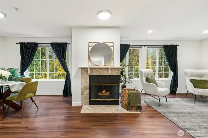 Beautifully centered wood burning fireplace