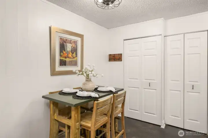 You can have a intimate dinner for two, or space allows for additional guest as well! These great bi-fold door closets house the Hot Water Heater, stackable Washer/Dryer, and it is where the large Kitchen pantry is located.