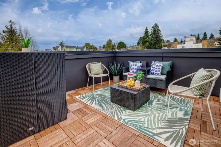 Roof deck where you can enjoy a view of the Pugel Sound and the Olympic Mountains.